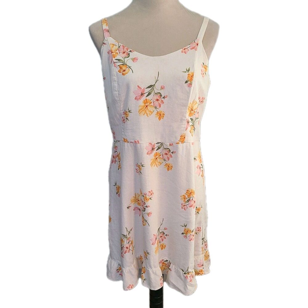 Old Navy Linen Blend Floral Cami Mini Dress L Smocked Ruffle Romantic Cottage
